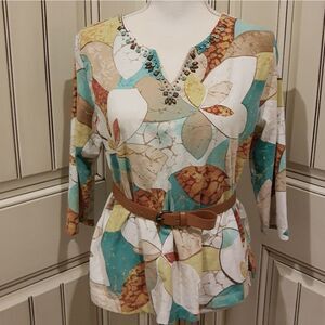 𝅺Alfred Dunner Leaf Print Quarter Sleeve Aqua Brown Size Petite Large